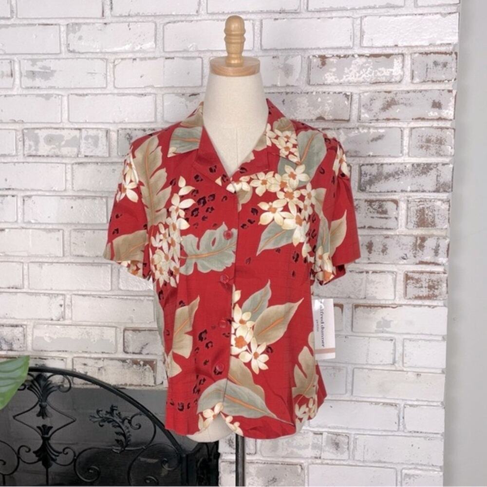 Alfred Dunner Red Cheetah Floral Print Button Down Short Sleeve Blouse Petite